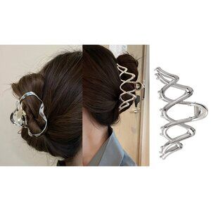 2 Pc Geometric Wavey Silver Claw Clip Sleek Statement Hair Accessory Women Girls